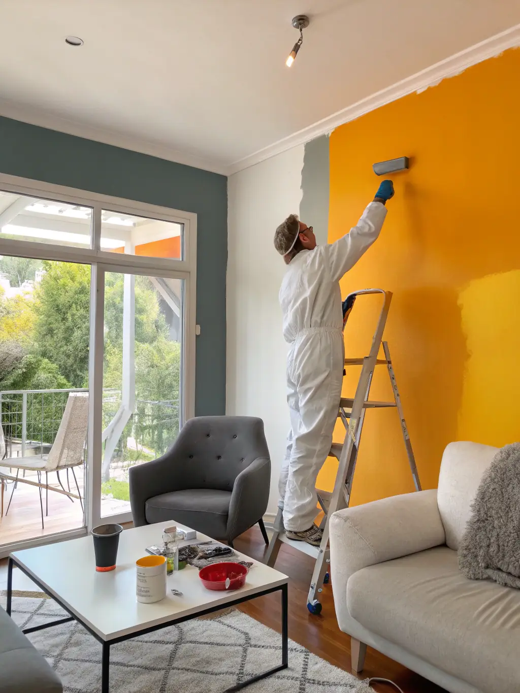 A painter applying a smooth coat of paint to a wall in a modern interior, demonstrating Arch Zones' painting and finishing services.
