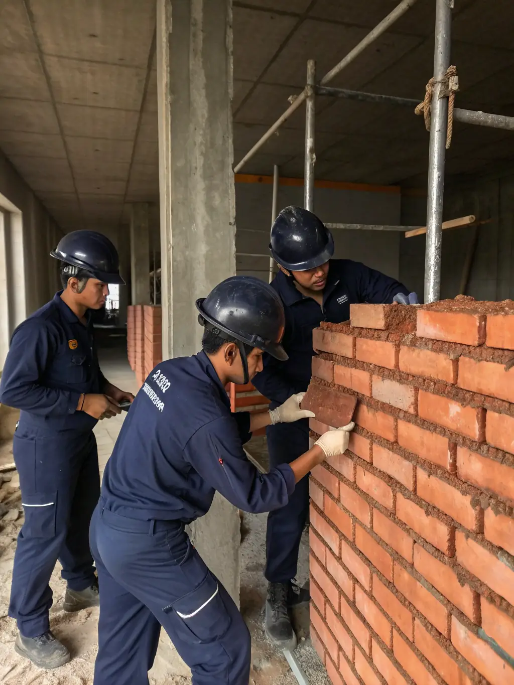 Close-up of skilled masons laying bricks with precision and care, highlighting Arch Zones' masonry work.