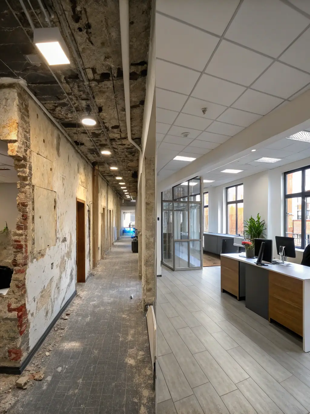 A before-and-after image of a renovated office space showing modern interior design, representing Arch Zones' renovation expertise.