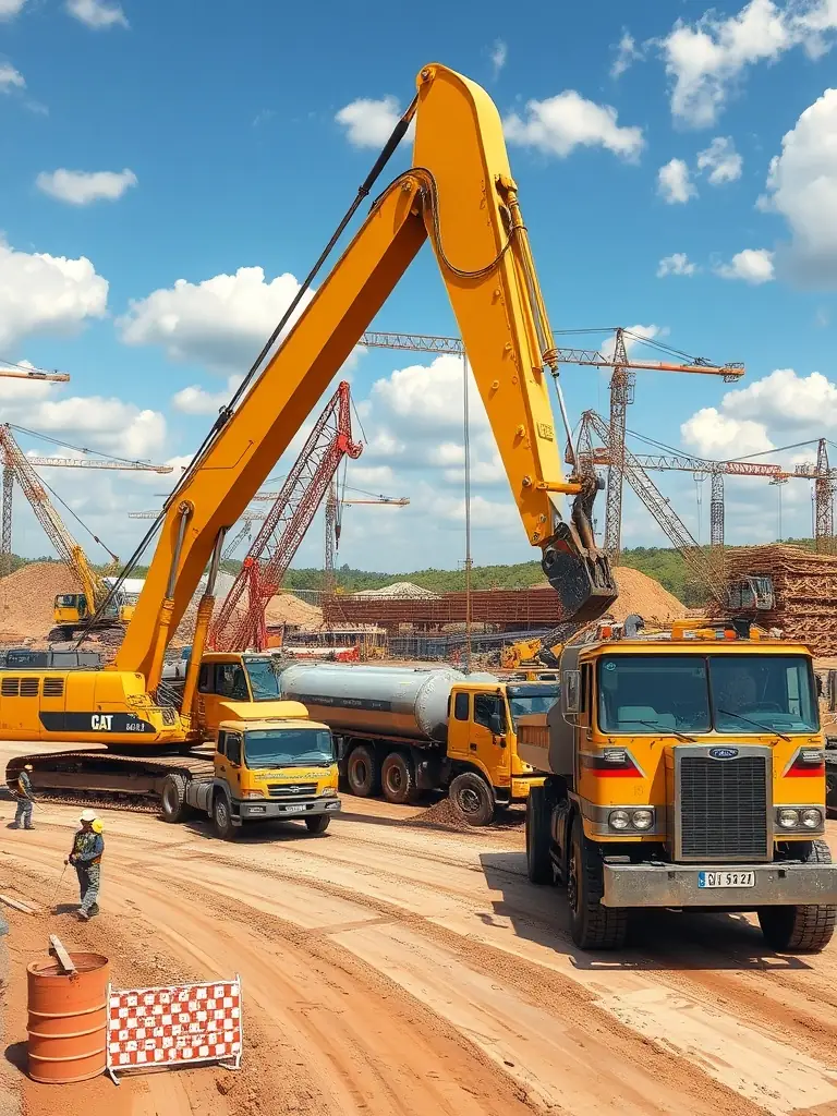 A modern construction site with cranes and workers assembling a commercial building, showcasing Arch Zones' building construction services.